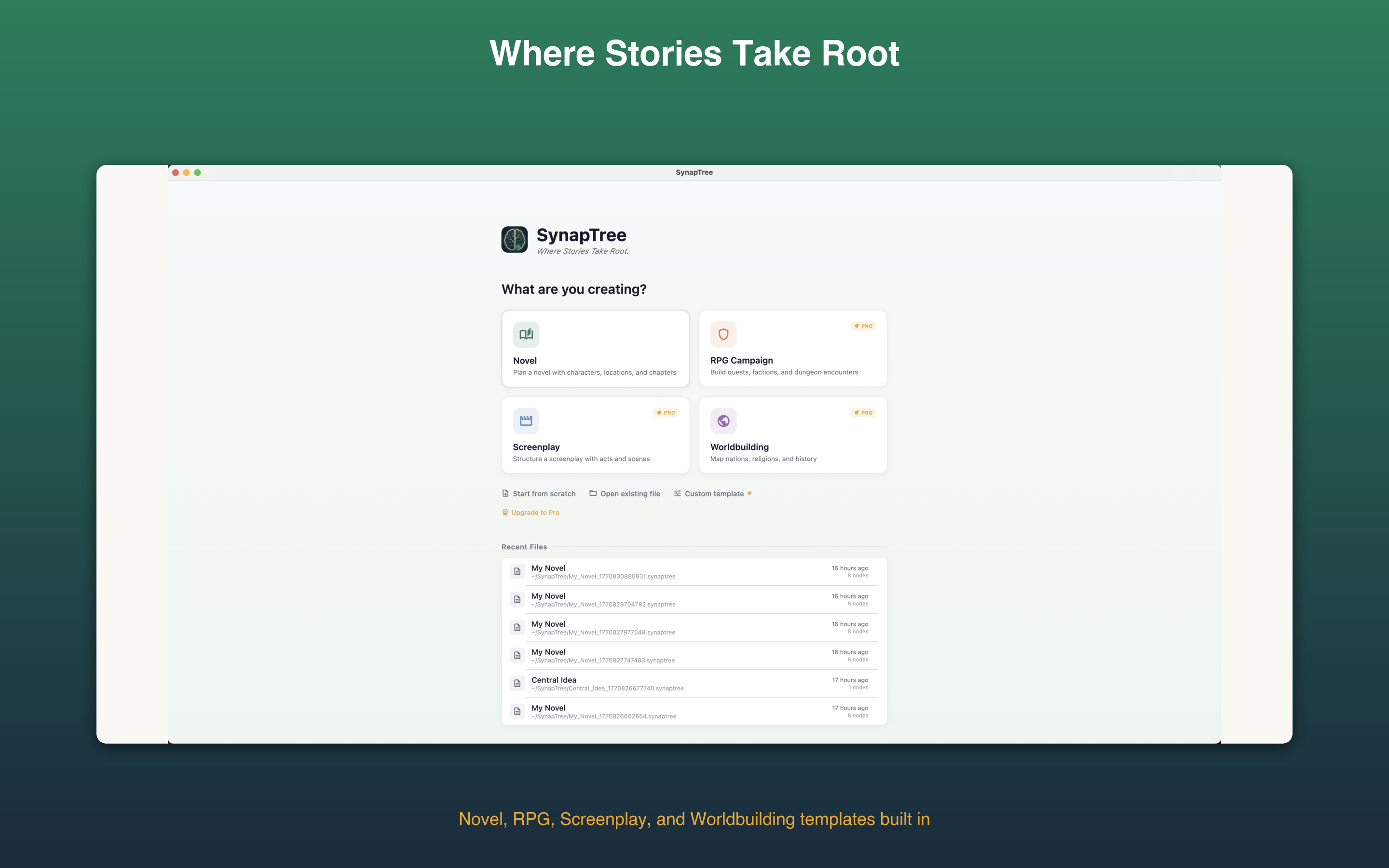 Template selection screen showing Novel, RPG Campaign, Screenplay, and Worldbuilding options