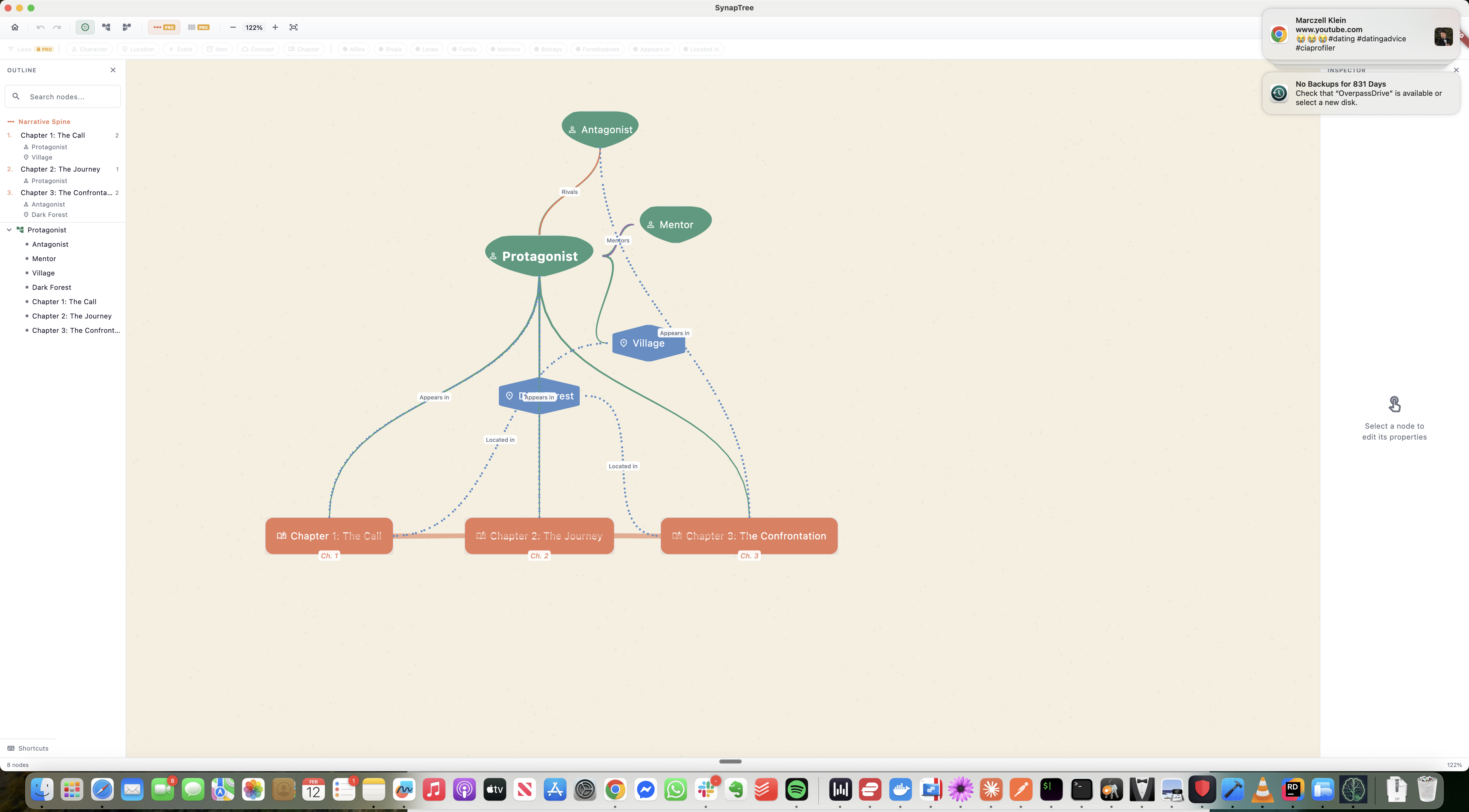 Several node types on the canvas: green oval Character nodes (Protagonist, Antagonist, Mentor), blue hexagonal Location nodes (Village, Forest), and terracotta rectangular Chapter nodes (Chapter 1: The Call, Chapter 2: The Journey, Chapter 3: The Confrontation)