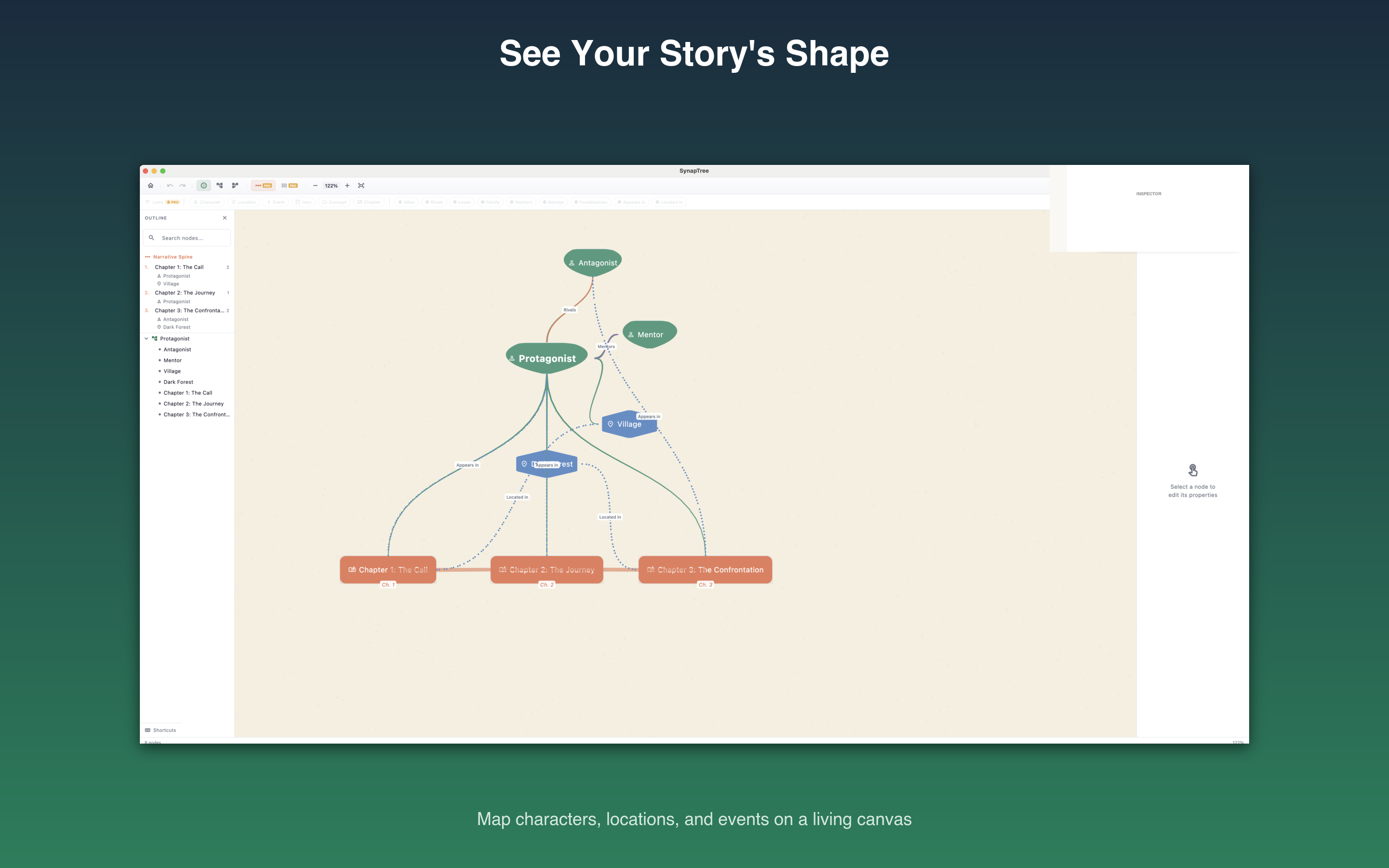 The SynapTree editor with the Story Lens filter bar visible at the top of the canvas, showing toggle buttons for node types and relationship types, with the full story map visible on the canvas