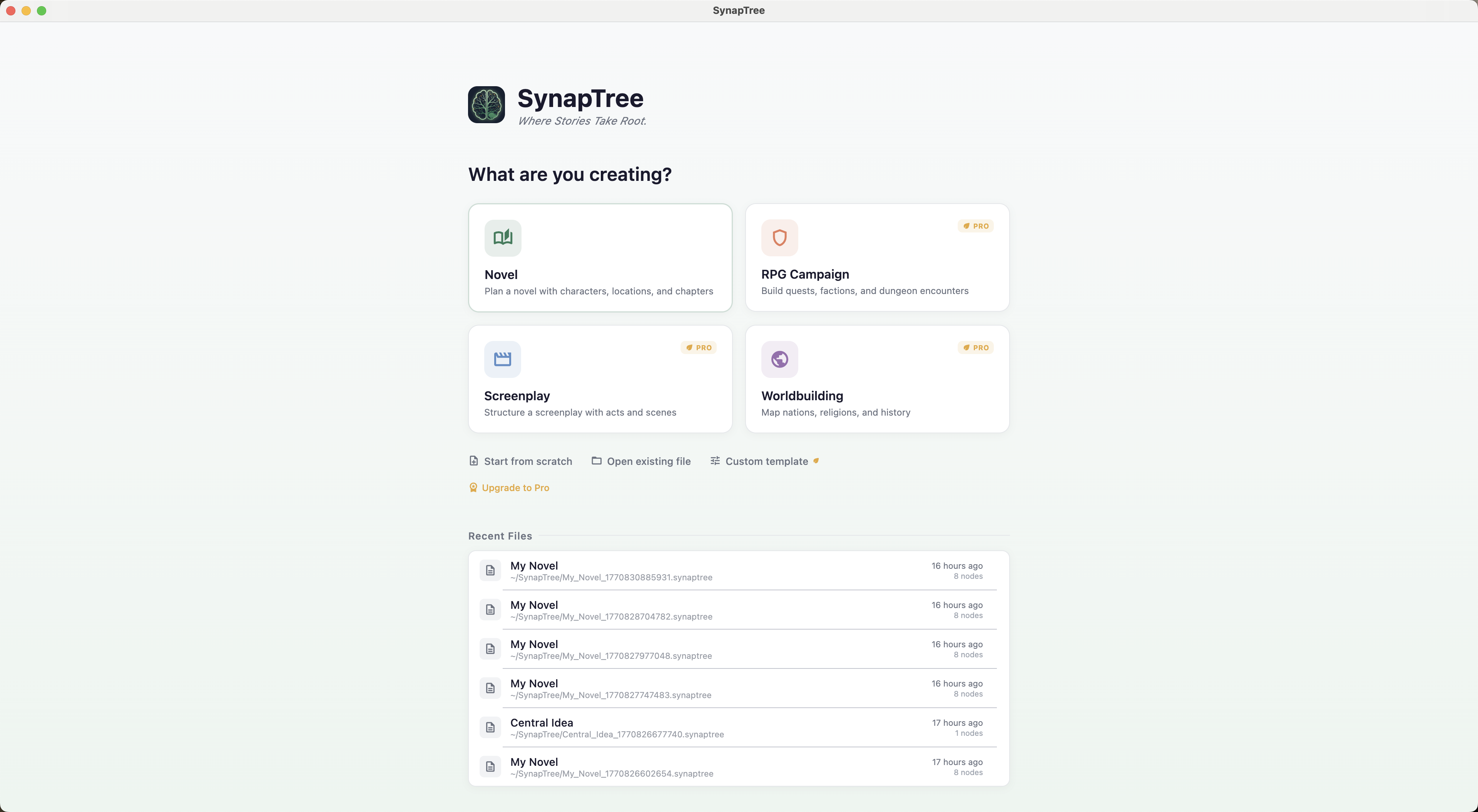 The Welcome Screen showing four template cards (Novel, RPG Campaign, Screenplay, Worldbuilding), quick-action links, and the Recent Files list
